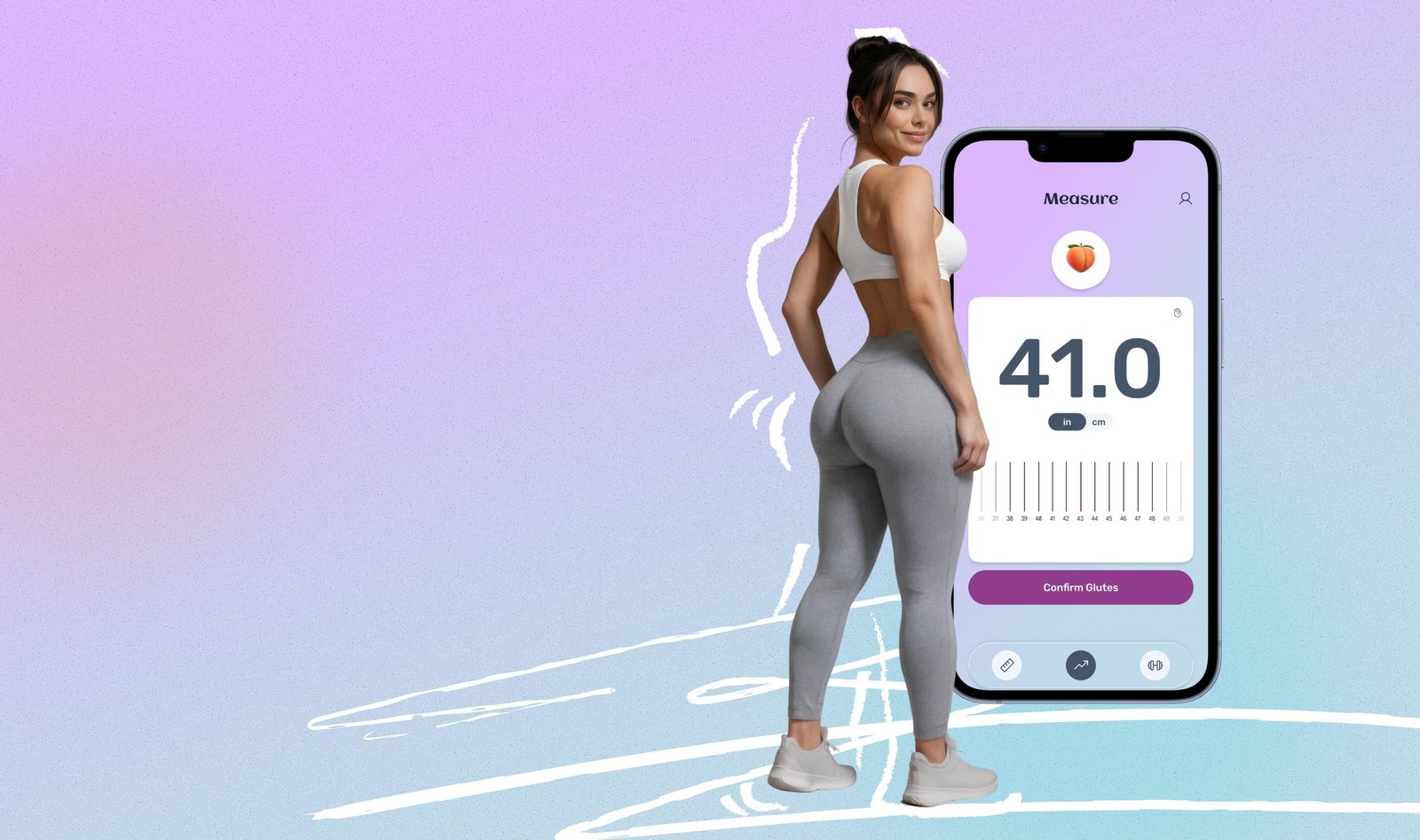 Freya, a fitness coach, standing beside a phone showing the Curve Count Measure screen logging 41.0 inches for glutes.
